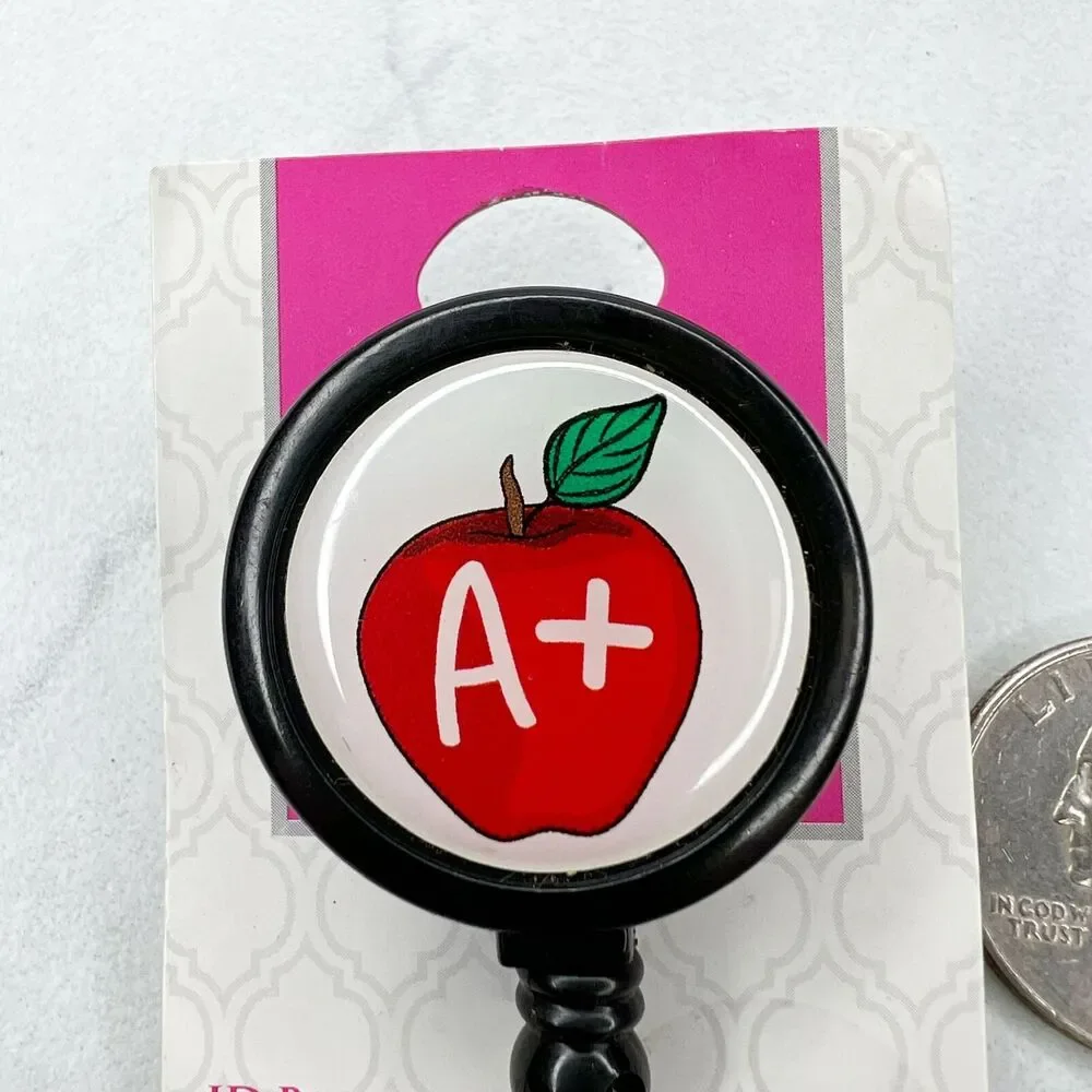 A+ Teacher Apple Clip On School Work Retractable Badge ID Holder